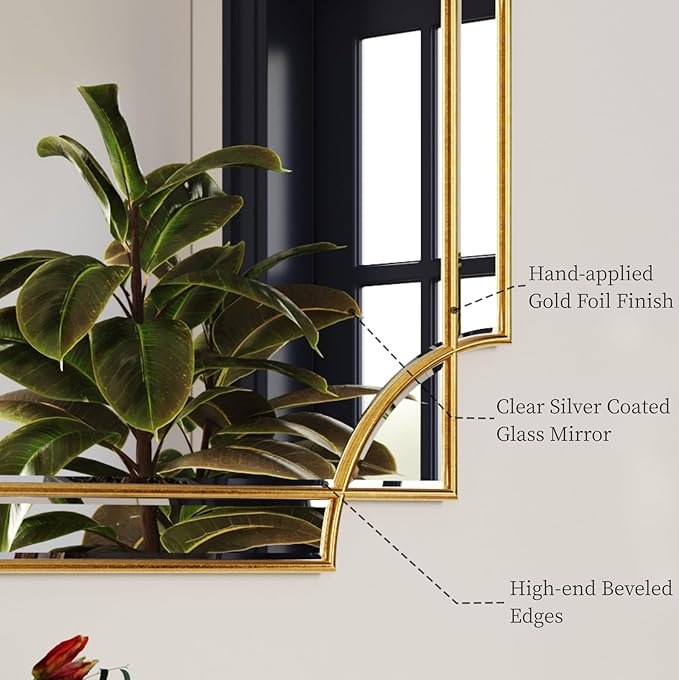 Kelly Miller Large Gold Mirror for Wall, 30"x46" Gold Bathroom Mirror Vanity Mirror Decorative Mirror Scalloped Beveled Mirror for Master Bath Half Bath Living Room Bedroom Farmhouse Fireplace Hallway