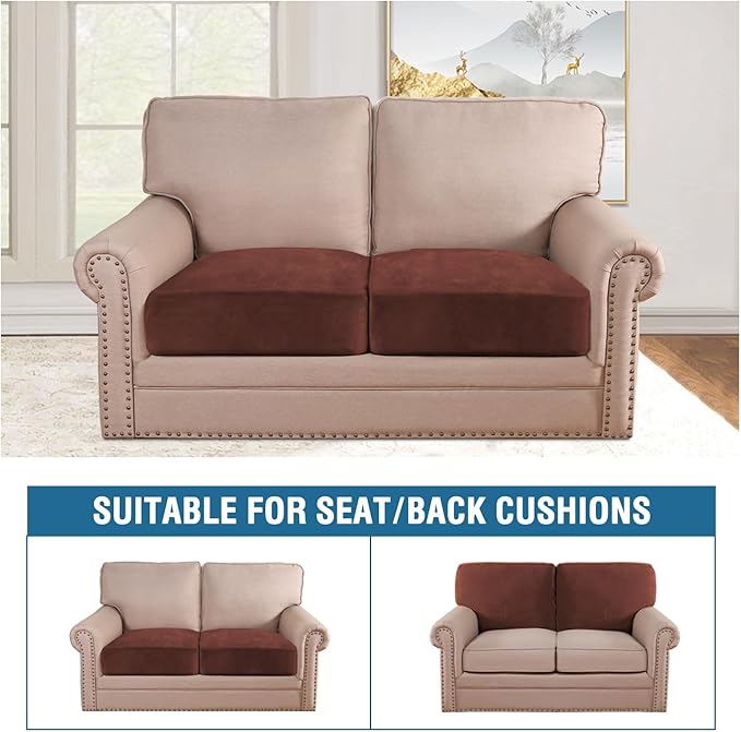 H.VERSAILTEX Velvet Stretch Couch Cushion Cover Plush Cushion Slipcover for Chair Loveseat Sofa Cushion Furniture Protector Seat Cushion Sofa Cover (2 Piece Medium Sofa Cushion Covers, Burnt Brick)