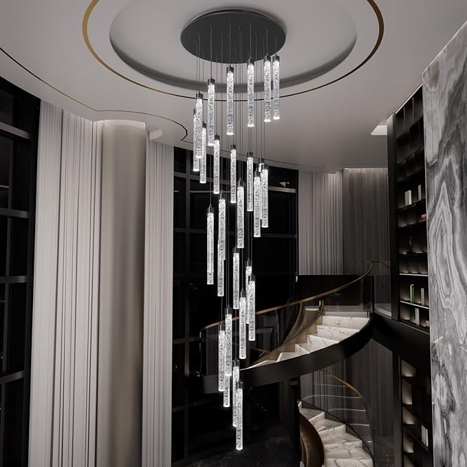 H150'' Modern Chandelier Modern Led Chandeliers Foyer Chandelier Stairs Large Chandelier Adjustable Black Chandeliers Pendant Lighting Fixture Hanging Ceiling Light