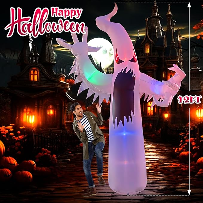12FT Halloween Inflatables Giant White Ghost, Halloween Inflatable Outdoor Decoration, LED Colored Lights, Scary Red Eyes, Devil Claws, for Indoor and Outdoor Halloween Blow Ups Party Decorations