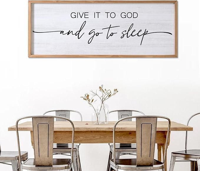 Give It to God and Go to Sleep Decorative Rustic Sign & Plaque Framed Wall Art for Couples, 40''×15'' Vintage Cottagecore Wooden Horizontal Wall Decor Above Bed, Farmhouse Wedding Gift for Bedroom
