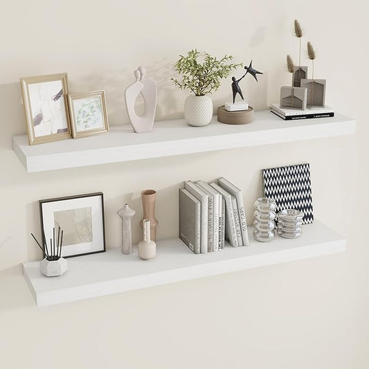 48 inch Floating Shelves for Wall Large Wall Mounted Shelves with Invisible Brackets, White Long Shelves for Bathroom, Living Room, Kitchen, Office, 48x9.1 inch deep Set of 2