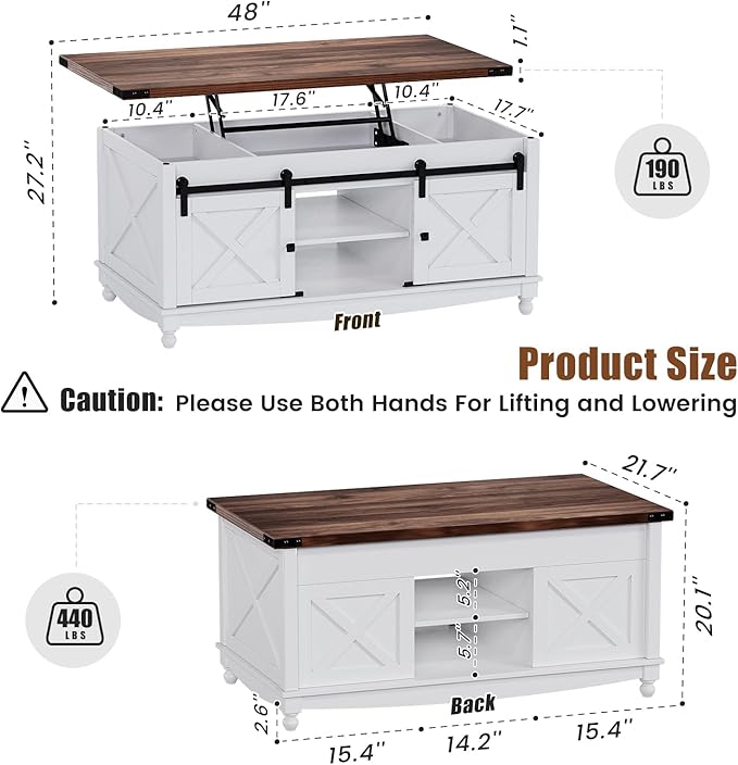 48" Farmhouse Lift Top Coffee Table with Storage Sliding Barn Door & Large Hidden Compartment, Coffee Table with Lifting Top with Wooden Lift Tabletop, Coffee Tables for Living Room, White