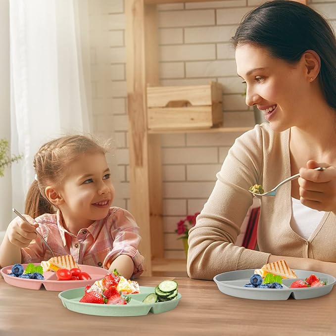 greenandlife 10 Inch 4PCS Unbreakable Portion Control Plates, Divided Plates for Kids Adults, Dishwasher & Microwave Safe Compartment Plate, Lightweight Reusable Wheat Straw Plate, BPA Free