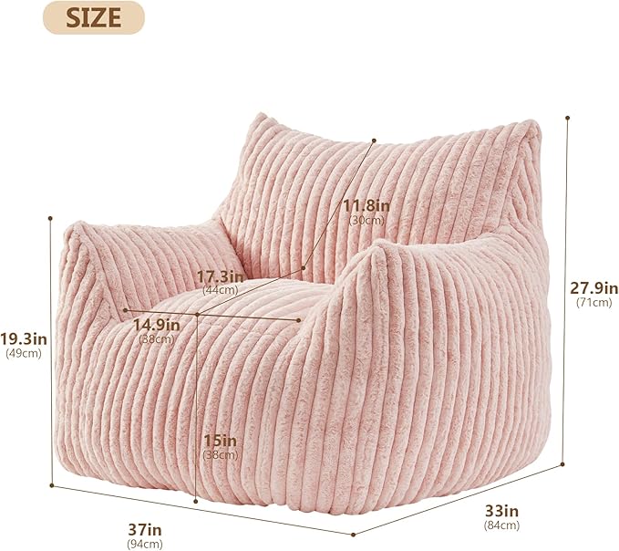 Giant Bean Bag Chairs for Adults Teens, Large Bean Bag Sofa Chairs with Filling Comfy Fuzzy BeanBag Chair with Armrests for Bedroom Living Room Reading