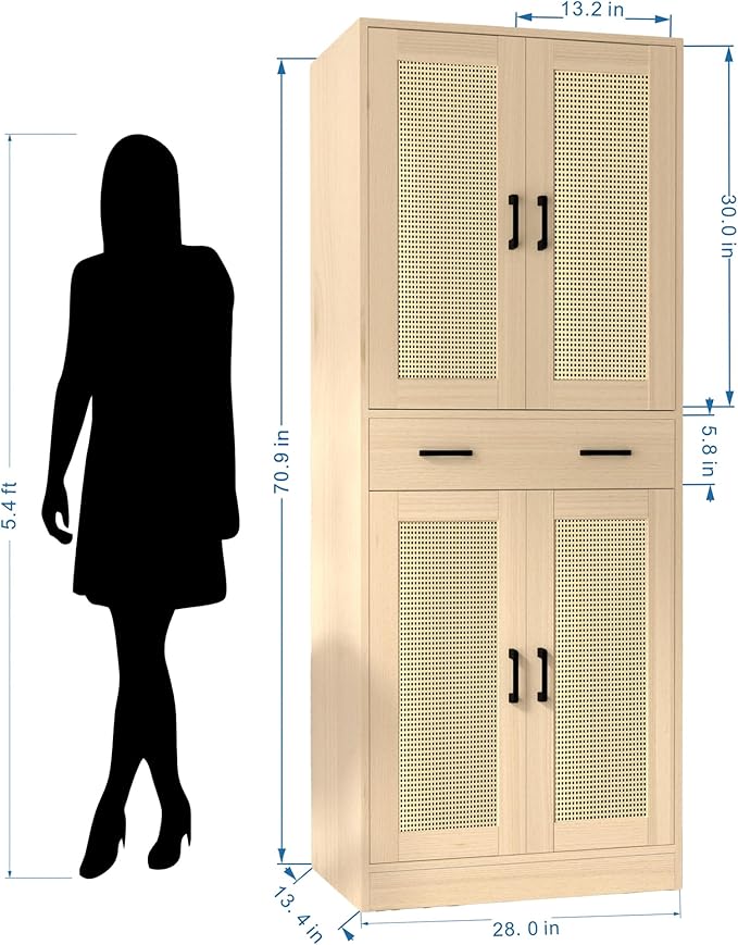 71" Tall Oak & Rattan Pantry Cabinet - Boho Chic Kitchen Storage with Doors & Drawer for Dining Room, Hallway or Kitchen Organization