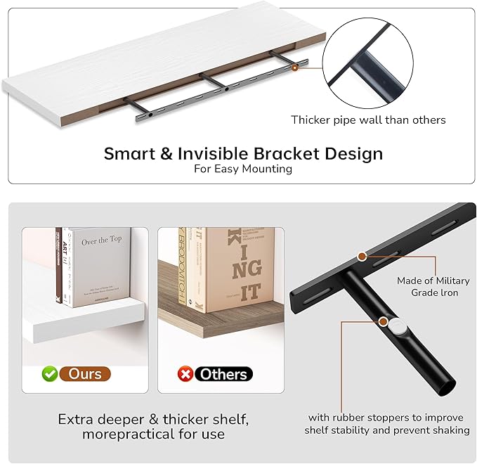 Fun Memories Floating Shelves - 12 Inch Rustic Wooden Wall Shelves - Extra Deeper & Thicker Wall Mounted Storage Shelf for Living Room, Kitchen, Farmhouse - 55" W x 12" D x 1.8" H - White
