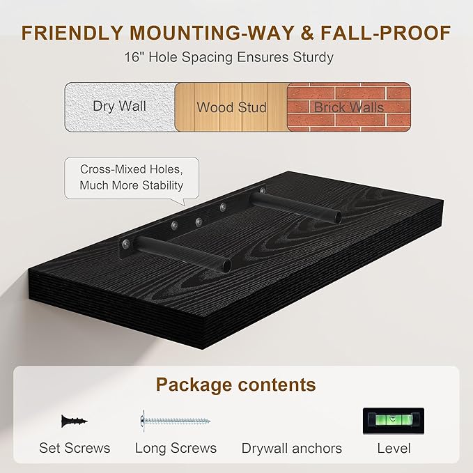 Fun Memories Black Floating Shelves 8 Inch Long, 8" Deep Wall Shelves, Small Deep Floating Shelf Square Wall Shelf, Rustic Display Shelves for Living Room, Bathroom, Kitchen, Set of 2