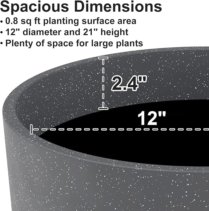 GameXcel Tall Flower Pot Indoor - Outdoor Plant Pot - Black Glossy Planter - Elegant Stone Imitation - 12" Diameter 21" Tall with Drainage Holes and Saucer 2Pack