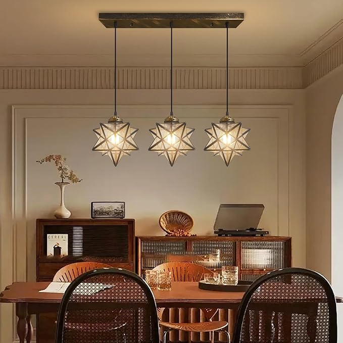 Glam Chandelier 3 Lights Glass Star Pendant Lights for Dining Table Kitchen Island Modern Ceiling Hanging Lights Included LED Warm Light Bulbs Oiled Bronze