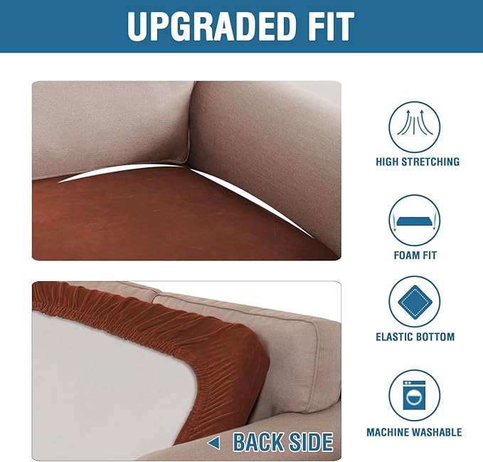 H.VERSAILTEX Velvet Stretch Individual Couch Cushion Cover Plush Slipcover for Loveseat Sofa Furniture Protector Seat Cover (1 Piece Loveseat Cushion Cover, Rust)