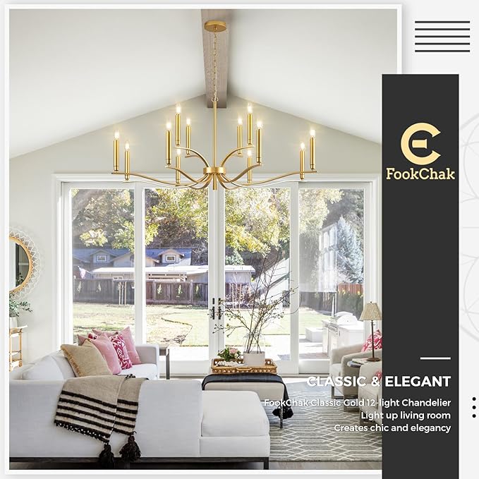 12 Light Gold Living Room Chandelier High Ceiling Foyer Candle Chandelier Large Modern Brass 44in Metal Chandeliers Hanging Light for Master Bedroom Dining Room Light Fixture Over Table