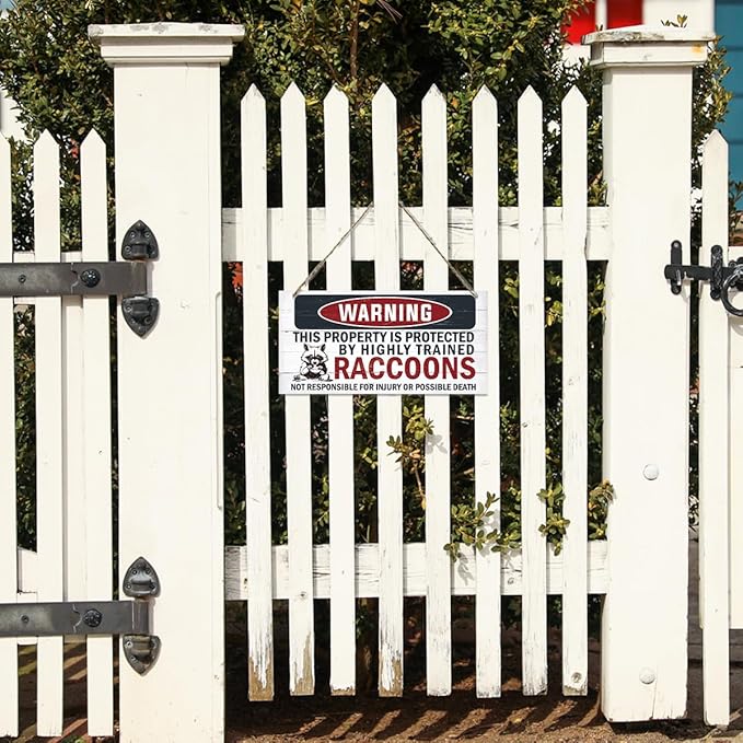 Funny Warning Signs, The Property is Protected By Highly Trained Raccoons Sign, Decorative Wood Hanging Wood Plaque, Raccoon Wall Decor, Backyard Decor, Home Garden Decor for Indoor Outdoor Use