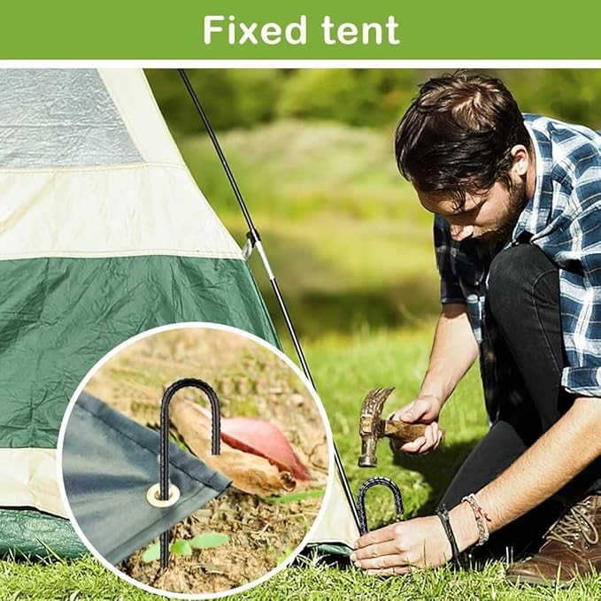 Ground-Stakes-Heavy-Duty-12 inch, J-Hook Rebar Stakes Black Coated Anti-Rust 16pcs Garden Stakes Metal Ground Anchors for Garden Dog Fence Chicken Coop Christmas Decorations Deer Fence