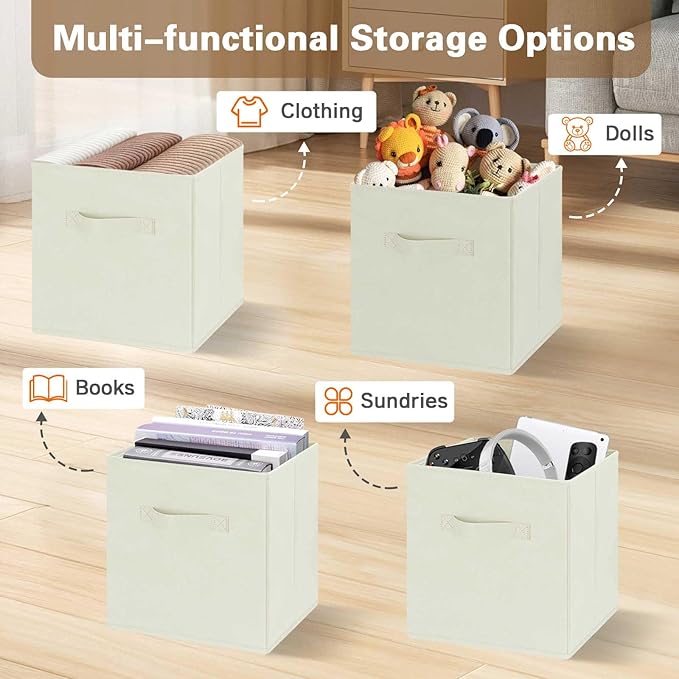 GhvyenntteS Storage Cubes 12 Pack, 11 Inch Cube Storage Bins with Dual Handles, Collapsible Fabric Storage Bins for Shelves Closet, Storage Baskets for Organizing Clothes, Bedding, Books, Beige