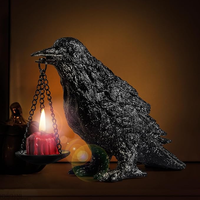 Gothic Crow Lamp Tealight Candle Holder Raven Statue for Indoor Outdoor Decor Halloween Garden Resin Statue Black Stone