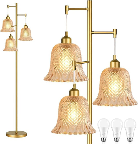 Gold Floor Lamp for Living Room,Bedroom,Tree 3 Light Standing Lamp Mid Century Modern Brass Tall Floor Lamps Vintage Retro Floor Lights Glass Green Flower Lamp Shade Farmhouse Boho Bohemian