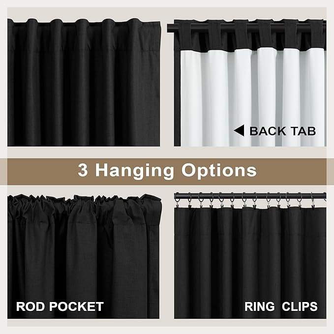 54 Inch Curtains Length 2 Panels Set 100% Blackout Modern Black Out Linen Drapes with White Back Tab Room Darkening Insulated Thermal Short Sundown Solar Curtains for Bedroom Noise Reducing Reduction