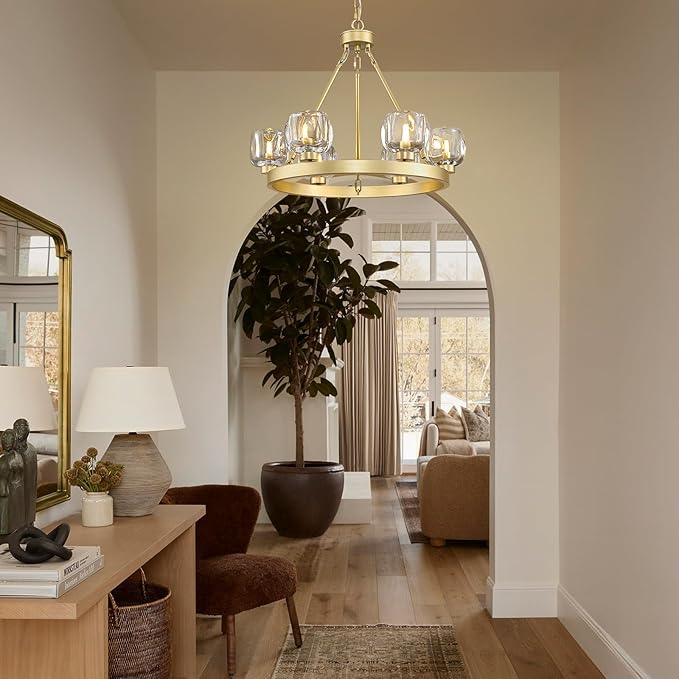 Gold Wagon Wheel Chandelier, 24 Inch Brass Chandeliers with Unique Glass Shade, 6-Light Crystal Farmhouse Wagon Wheel Chandeliers for Dining Room, Round Chandelier for Living Room, Foyer, Entryway
