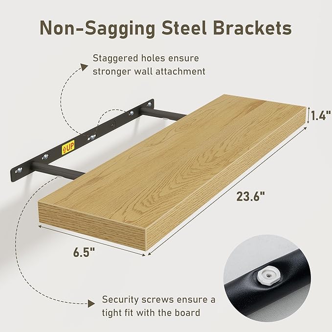 Fun Memories Floating Shelves Wall Shelf 24 inches Long, Farmhouse Bathroom Shelves Bedroom Kitchen Living Room Shelf Wall Mounted, 24 x 6.7 x 1.4 inch Set of 3, Oak Color