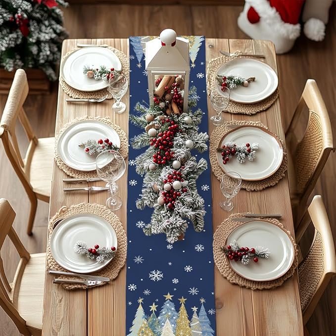 GEEORY Christmas Table Runner 13x72 Inch, Xmas Trees Snowflakes Holiday Decorative Farmhouse Table Decoration for Kitchen Dinning, Indoor Outdoor Dinner Party Decor (Blue) GT151-72