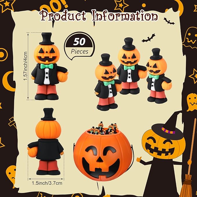50 Pcs Halloween Mini Figurines Tiny Pumpkin Figures to Hide and Seek Rubber Wizard Miniatures Ornaments Gifts for Halloween Party Favors Table Decorations(Pumpkin)