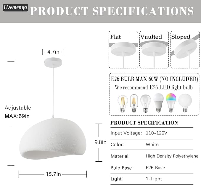 15.7in Wabi Sabi Pendant Lights Kitchen Island Lighting Fixture Ceiling Mount White Modern Japanese Lamp Japandi Chandelier for Dining Living Room Hallway Bedroom Restaurant Hanging Lamp