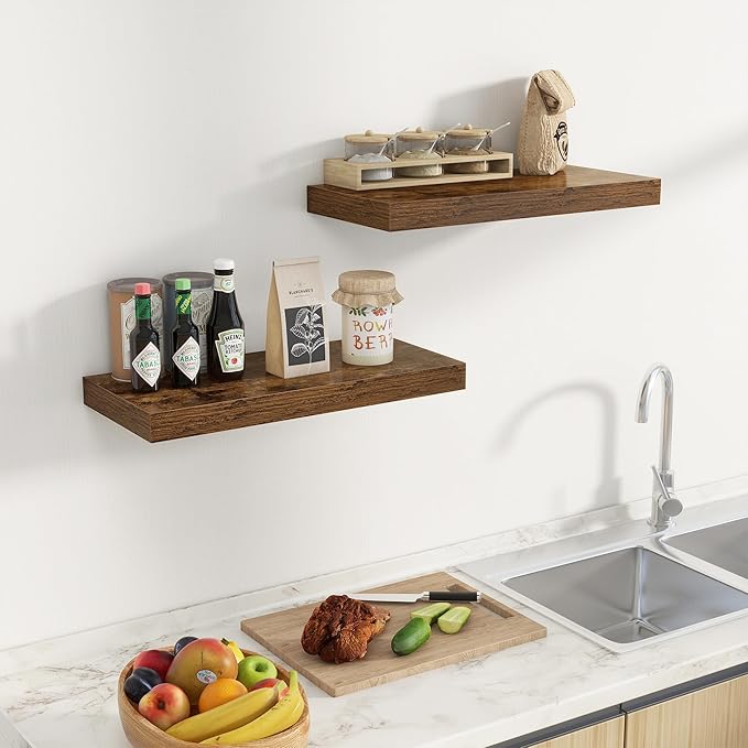 Fun Memories 24 Inch Floating Shelves Wall-Mounted, 10 Inch Deep Wall Shelves, 24 x 10 Floating Shelf for Living Room Bathroom Bedroom, Rustic Brown, Set of 2