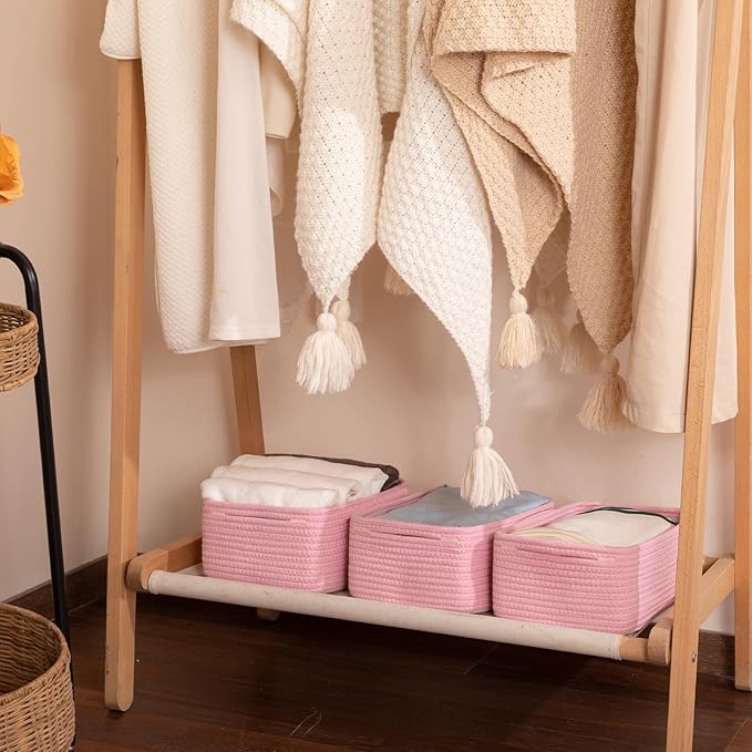 3 Pack Small Storage Baskets for Organizing, Cute Woven Decorative Gift Baskets for Shelves, Mini Closet Organizer Bins with Handles, 11.81''Lx7.87''Wx4.72''H-Pink