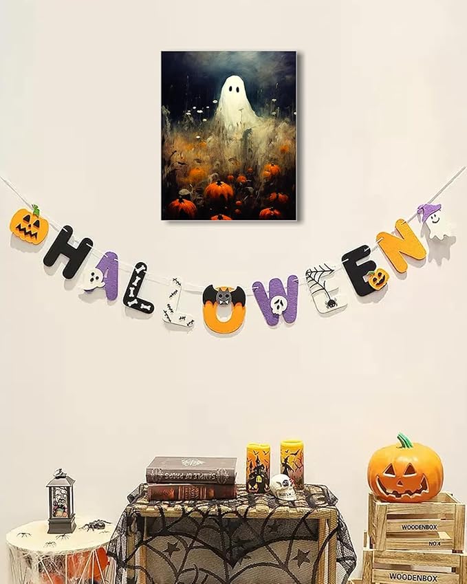 Halloween Canvas Wall Art, Spooky Ghost in Pumpkin Patch Poster, Vintage Gothic Fall Decor, Dark Academia Fall Decor for Living Room, Framed Indoor Halloween Decorations