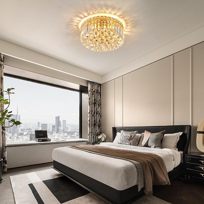 4-Light Gold Crystal Chandeliers Flush Mount Chandelier Light Fixture with K9 Crystals Modern Ceiling Lights Elegant Round Lamp for Bedroom,Hallway,Bar,Living Room,Dining Room,H5.9 xW13.7