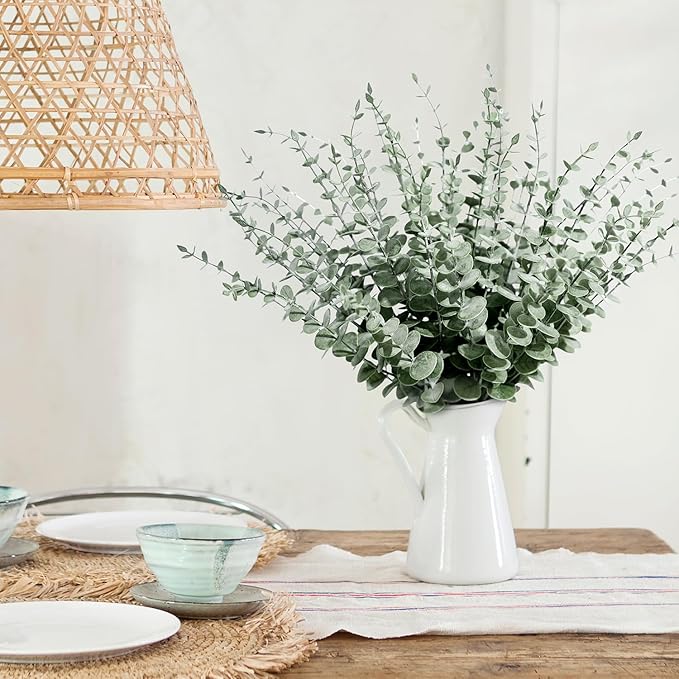 48Pcs Faux Eucalyptus Stems, 15" Artificial Eucalyptus Plants with White Frosted Coating, Fake Eucalyptus Decor Plastic Greenery Leaves for Wedding Bouquets Home Decor DIY Floral Arrangements