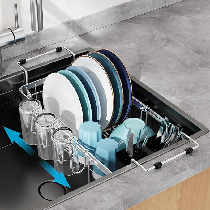 GSlife Expandable in Sink Small Dish Drying Rack - Stainless Steel Capacity Adjustable Over The Sink Dish Rack with Cup Holder (12" -16.8"), Dish Drainer for Kitchen Sink with Utensil Holder, Silver