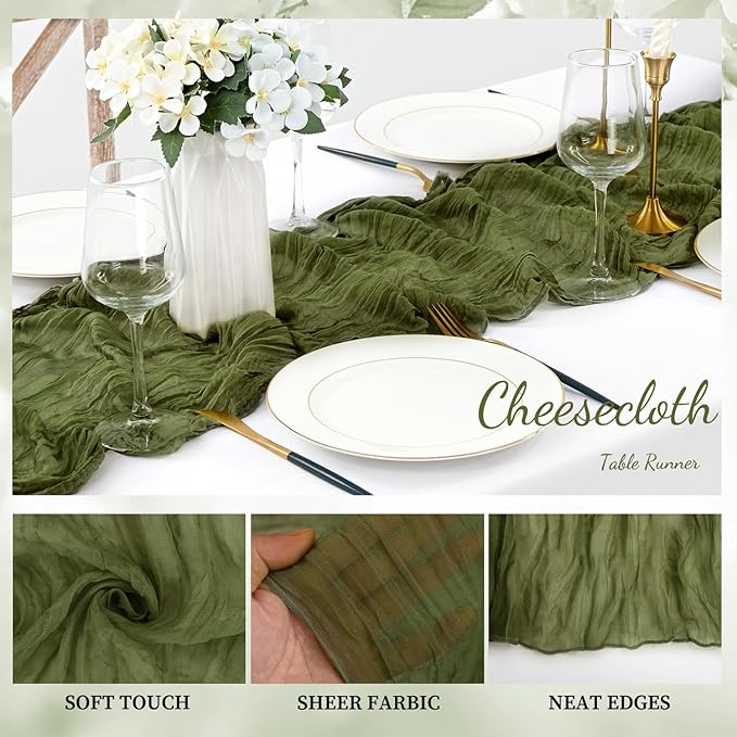 20 Pack Olive Green 10FT Cheesecloth Table Runner Rustic Gauze Cheese Cloth Table Runner for Wedding Bridal Baby Shower Table Decorations Boho Fabric Sheer Birthday Party Decor 20 x 120 Inch Long