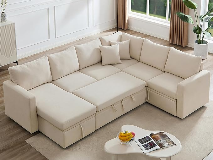 7 - Seater Sofa Bed, Large U - Shaped Modular Sectional Sofa, Oversized Pull - Out Sleeper with Storage for Living Room, Beige