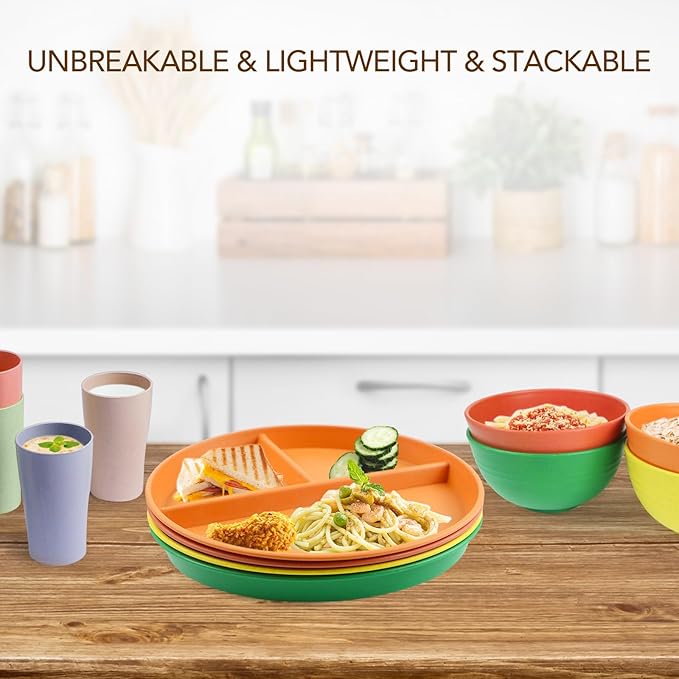 greenandlife 9 Inch 4PCS Unbreakable Portion Control Plates, Divided Plates for Kids Adults, Dishwasher & Microwave Safe Compartment Plate, Lightweight Reusable Wheat Straw Plate, BPA Free
