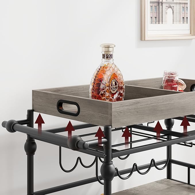 GarveeHome Bar Cart, Bar Carts for The Home, 3 Tier Serving Cart with Wheels, Home Bar & Serving Carts, Metal Rolling Cart with Wine Rack & Removable Tray for Kitchen, Dining Room, Living Room-Grey