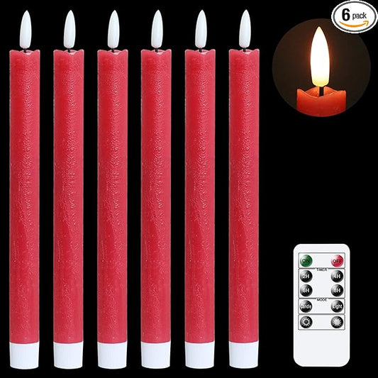 GenSwin Flameless Red Taper Candles Flickering with 10-Key Remote, Battery Operated Led Warm 3D Wick Light Window Candles Real Wax Pack of 6, Christmas Home Wedding Decor(0.78 X 9.64 Inch)
