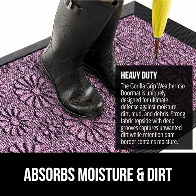 GORILLA GRIP 100% Waterproof All-Season WeatherMax Doormat, Durable Natural Rubber, Stain and Fade Resistant, Low Profile, Indoor Outdoor Door Mats, Easy Clean Entry Mat, 17x29, Purple Confetti Daisy