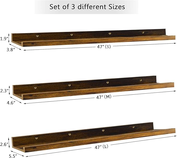 Giftgarden 47 Inch Long Floating Shelves for Wall, Rustic Picture Ledge Large Shelf for Living Room Bedroom Bathroom Kitchen, Set of 3 Different Sizes
