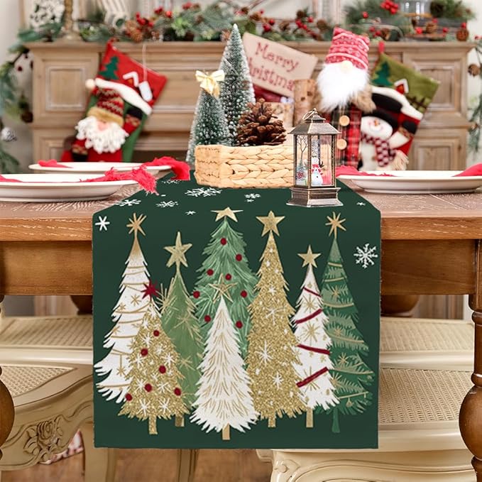 GEEORY Christmas Table Runner 13x72 Inch, Xmas Trees Snowflakes Holiday Decorative Farmhouse Table Decoration for Kitchen Dinning, Indoor Outdoor Dinner Party Decor (Green) GT152-72