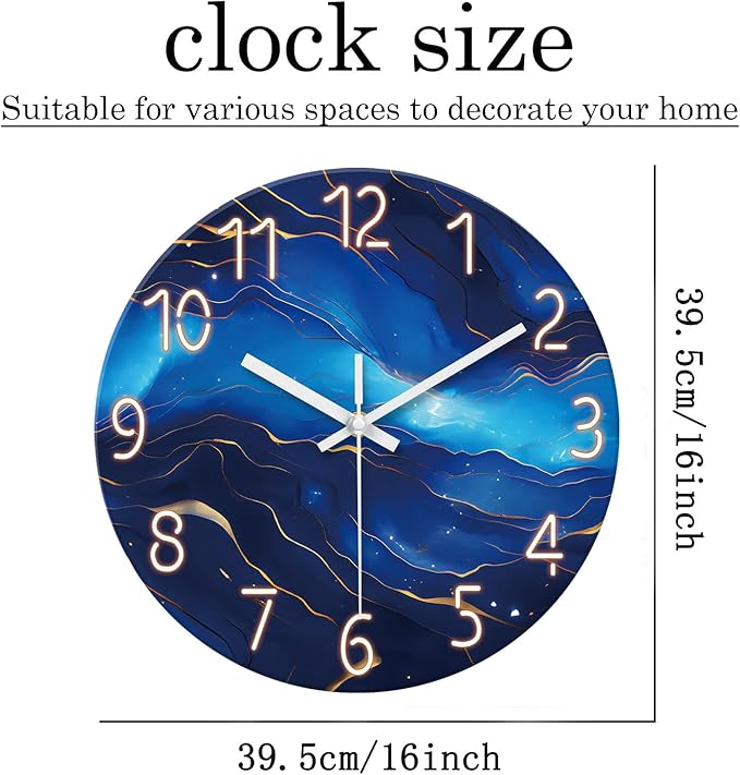 Glass Blue Wall Clocks Battery Operated 16 Inch Marble Pattern Big Clock for Office Abstract Silent Wall Clock Non Ticking