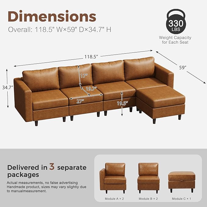 118.5" Faux Leather Modular Sectional Sofa, L Shaped Couch Set for Living Room, 5-Seater Comfy Cloud Couches with Movable Storage Ottoman,DIY Combination - Brown