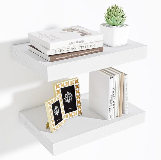 Fun Memories Wood Floating Shelves 16 Inch, 10 Inch Deep Shelves Wall Mount, Wall Shelves with Invisible Bracket, 16" Floating Shelves for Living Room Bathroom Bedroom, White, Set of 2