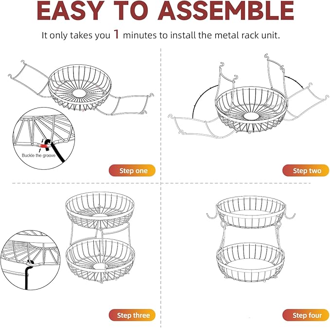 2 Tier Fruit Basket for Kitchen Counter with 2 Banana Hangers, Metal Stackable Fruit Bowl for Kitchen Counter for Bread Vegetable Fruits, Brown