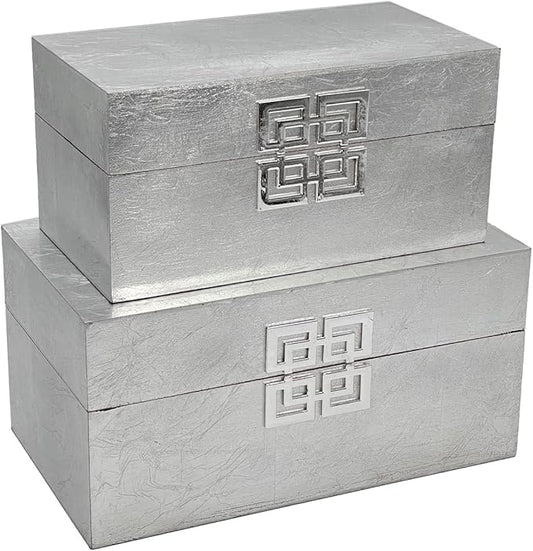 Galt International Storage Box Set Decorative Storage Box w/Hinged Lid Classic Design Wood Decor Boxes with Geometric Clasp Storage for Bedroom & Home - Set of 2 (Silver)