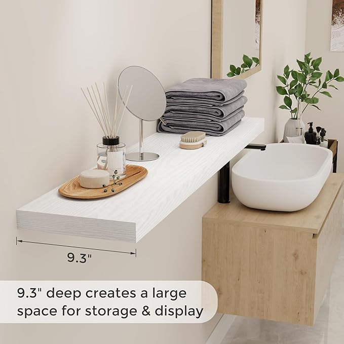 Fun Memories Floating Shelves 48 Inch Set of 2, White 48 x 9 Wall Shelves for Home Decor Storage, Rustic Wood Floating Shelf for Wall, 9 Inch Deep Shelving for Bathroom, Living Room, Kitchen