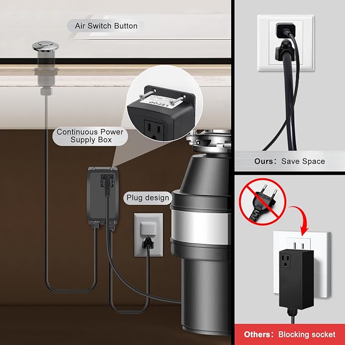 Garbage Disposal Air Switch Kit, Garbage Disposal Button, Sink Top Waste Disposer On/Off Switch, UL Listed Air Switch Compatible with All Garbage Disposals (Brushed Stainless Steel）