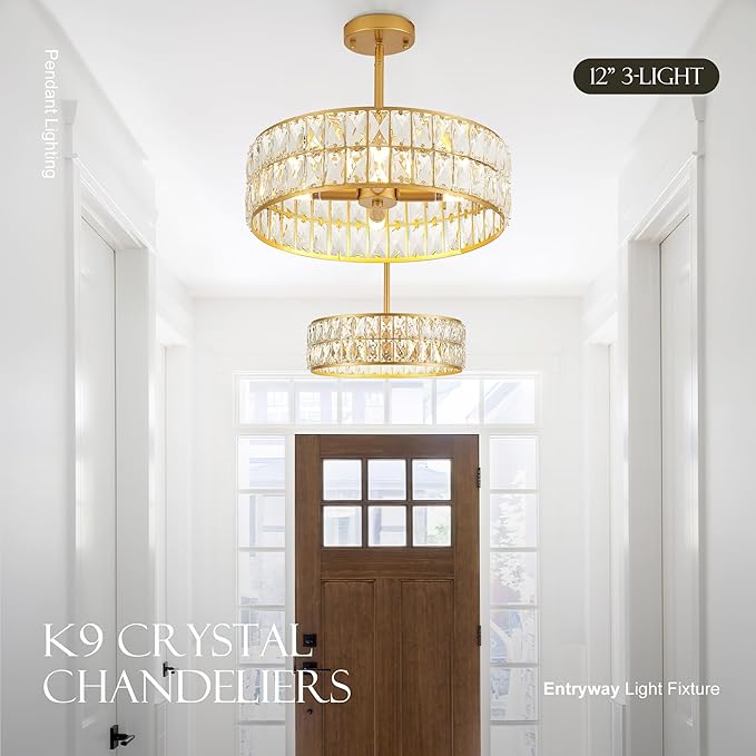 16” 4-Light Modern Crystal Chandeliers Gold Dinning Room Light Fixture, Round Pendant Light Kitchen Island Chandelier, Flush Mount Ceiling Light for Living Room Entryway Bedroom Foyer
