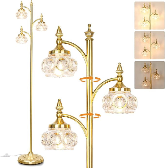 Gold Floor Lamp, Dimmable Tree Floor Lamps for Living Room Brass Tall Standing Lamp with 3 Rotatable Lights Glass Shade 66.5'' Modern Corner Lamp for Bedroom Office(3LED Bulbs Included)